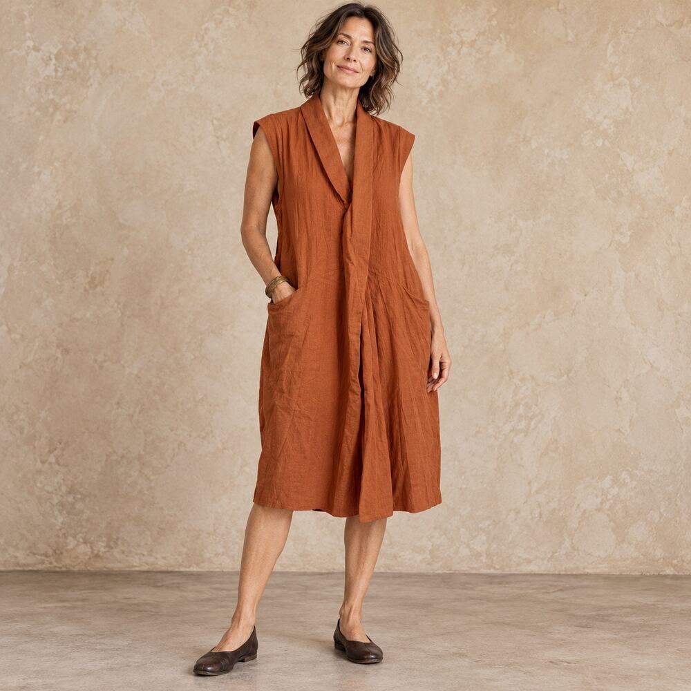 Entro Cotton Gauze Midi Pocket Lagenlook Rust Orange Layer Dress Fall Women’s S